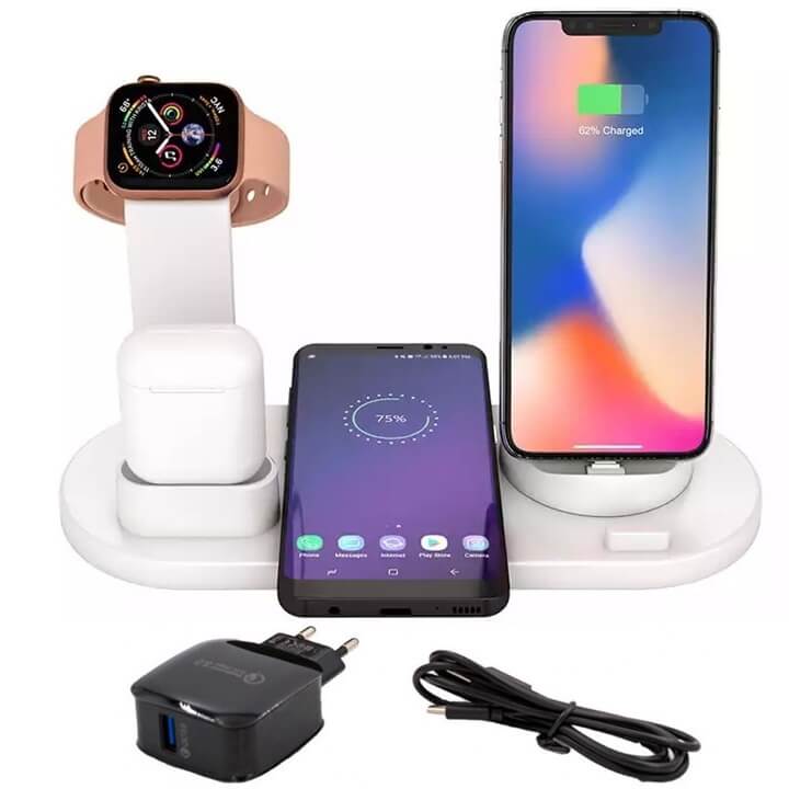 

Беспроводное зарядное устройство 4 в 1 Fast Charge White станция-органайзер с технологией QI для iPhone, Apple Watch, AirPods