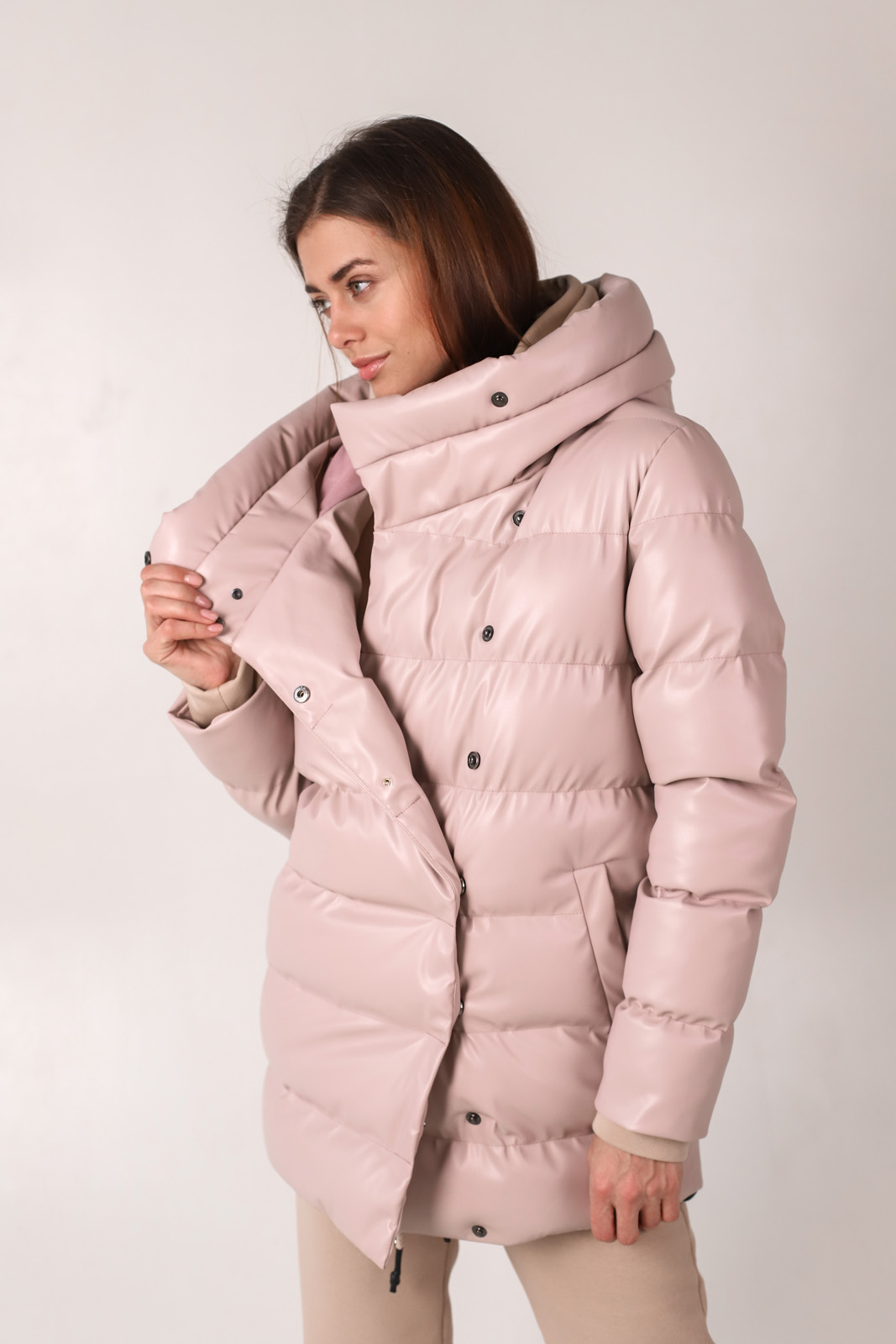

Куртка Wear me модная зимняя женская длинный пуховик с эко кожи XS Розовый 2w/03/44