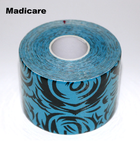 Кінезіо тейп Kinesiology Tape Madicare з принтом 5см х 5м блакитний з тату-принтом - зображення 1