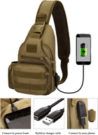 Водонепроникна тактична сумка через плече Yakmoo з USB-портом для заряджання в стилі мілітарі Койот - зображення 2