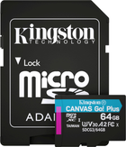 Kingston MicroSDXC 64GB Canvas Go! Plus Class 10 UHS-I U3 V30 A2 + SD-адаптер (SDCG3/64GB) - зображення 1
