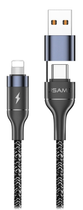 Плетений кабель Usams USB + USB Type-C - Lightning швидка зарядка 1.2 м Black (6958444984605) - зображення 1