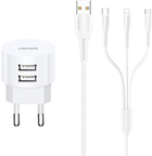 Ładowarka sieciowa Usams T20 2xUSB 10W QC2.0 Fast Charging biała + kabel 3w1 USB - Lightning/microUSB/USB-C biały (6958444981062) - obraz 1