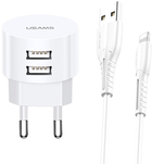 Ładowarka sieciowa Usams T20 2xUSB 10W QC2.0 Fast Charging biała + kabel USB - Lightning 1 m biały (6958444981000) - obraz 1