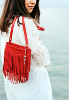 Шкіряна жіноча сумка з бахромою міні-кроссбоді червона - зображення 5