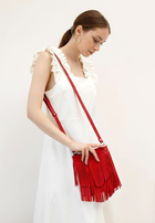 Кожаная женская сумка с бахромой мини-кроссбоди красная - изображение 7