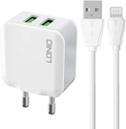 Мережевий зарядний пристрій Ldnio 2 x USB + кабель Lightning (A2201 Lightning) - зображення 1