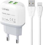 Мережевий зарядний пристрій Ldnio 2 x USB + кабель Lightning (A2219 Lightning) - зображення 1