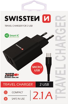 Зарядний пристрій Swissten Smart IC 10W 2 x USB-A + кабель Micro USB Black (22052000)