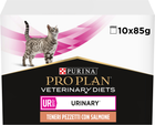 Opakowanie mokrej karmy dietetycznej dla kotów Purina Pro Plan Veterinary Diets UR ST/OX Urinary do rozpuszczania i ograniczania powstawania kamieni struwitowych z łososiem 10 x 85 g (8445290093851) - obraz 1