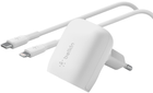 Мережевий зарядний пристрій Belkin 20 Вт USB-C - Lightning PD PPS White (745883841387)