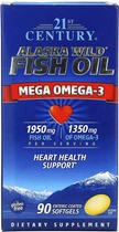 Жирные кислоты 21st Century Жир дикой рыбы Аляски Рыбий жир Омега 3 Alaska Wild Fish Oil Mega Omega 3 90 желатиновых капсул 1950 мг / 1350 мг (740985271292)