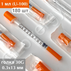 Шприц ін'єкційний трьохкомпонентний инсулиновий стерильний Alexpharm U-100 1 мл з інтегрованою голкою 30G 0.3x13 мм, 180 шт.