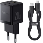 Мережевий зарядний пристрій 1Type-C Baseus Palm Fast Charger 20W EU Cluster Black + Type-C to Type-C 71857