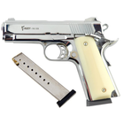 Стартовый пистолет Kuzey 911 SX shiny chrome, белые ручки, с магазином (Colt 1911)