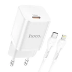 Сетевое зарядное устройство адаптер Hoco N19 Rigorous |1Type-C, 25W/3A, быстрая зарядка QC/PD, многоуровневая система защиты, универсальная совместимость| + Кабель Type-C to Lightning в комплекте |1 м| Белый