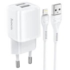 Сетевое зарядное устройство адаптер Hoco N8 Briar |2USB, 12W/2.4A, многоуровневая защита, универсальная совместимость, компактный| + Кабель Lightning в комплекте |1 м| Белый