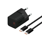 Сетевое зарядное устройство адаптер Baseus GaN5 Fast Charger (mini) |1Type-C, 30W/3A, поддержка быстрой зарядки PD/QC, многоуровневая защита, широкая совместимость, компактный, технология GaN5| + Кабель Type-C to Type-C |1 м, 100 Вт| Черный