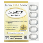 Пробиотики California GOLD Nutrition "LactoBif 5 Probiotics" для восстановления микрофлоры кишечника у взрослых, 8 активных штаммов / 5 лактобактерий и 3 бифидобактерии, 5 млрд КОЕ (60 растительных капсул)