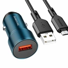Автомобільний зарядний пристрій 18Вт QC3.0 USB Micro Borofone BZ19A Wisdom сапфірово-синій ABS полікарбонат