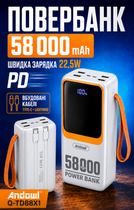 Повербанк умб 58000 mah 22.5w с быстрой зарядкой pd и встроенными кабелями type c lightning Andowl power bank Q-TD88 павербанк для телефона планшета айпада устройств powerbank внешний портативный аккумулятор повербанки большой емкости белый