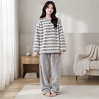 Комплект жіночої піжами Lesko Stripes Сірий 2XL сорочка з довгим рукавом і штанами для дому флісовий